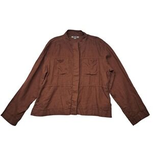 Flax 100% Linen Jacket Women's Large Brown Lagenlook Hidden Button Up‎ Pockets
